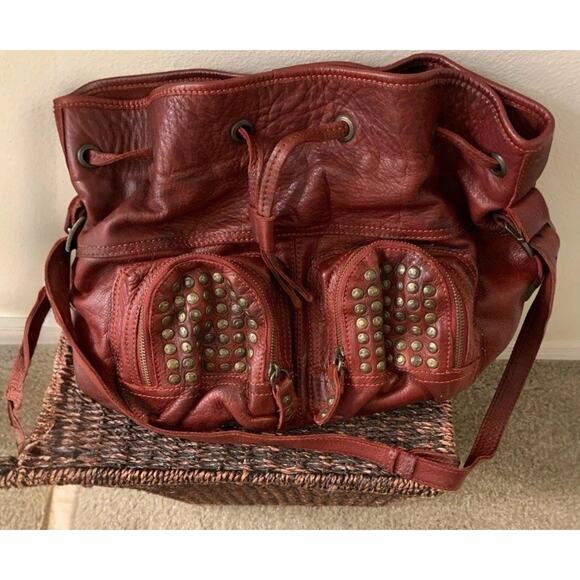 Frye Handbags - Frye 'Brooke' Studded Drawstring Bucket Bag Red Leather Antique Brass Accents